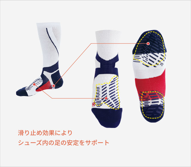 滑り止め効果によりシューズ内の足の安定をサポート
