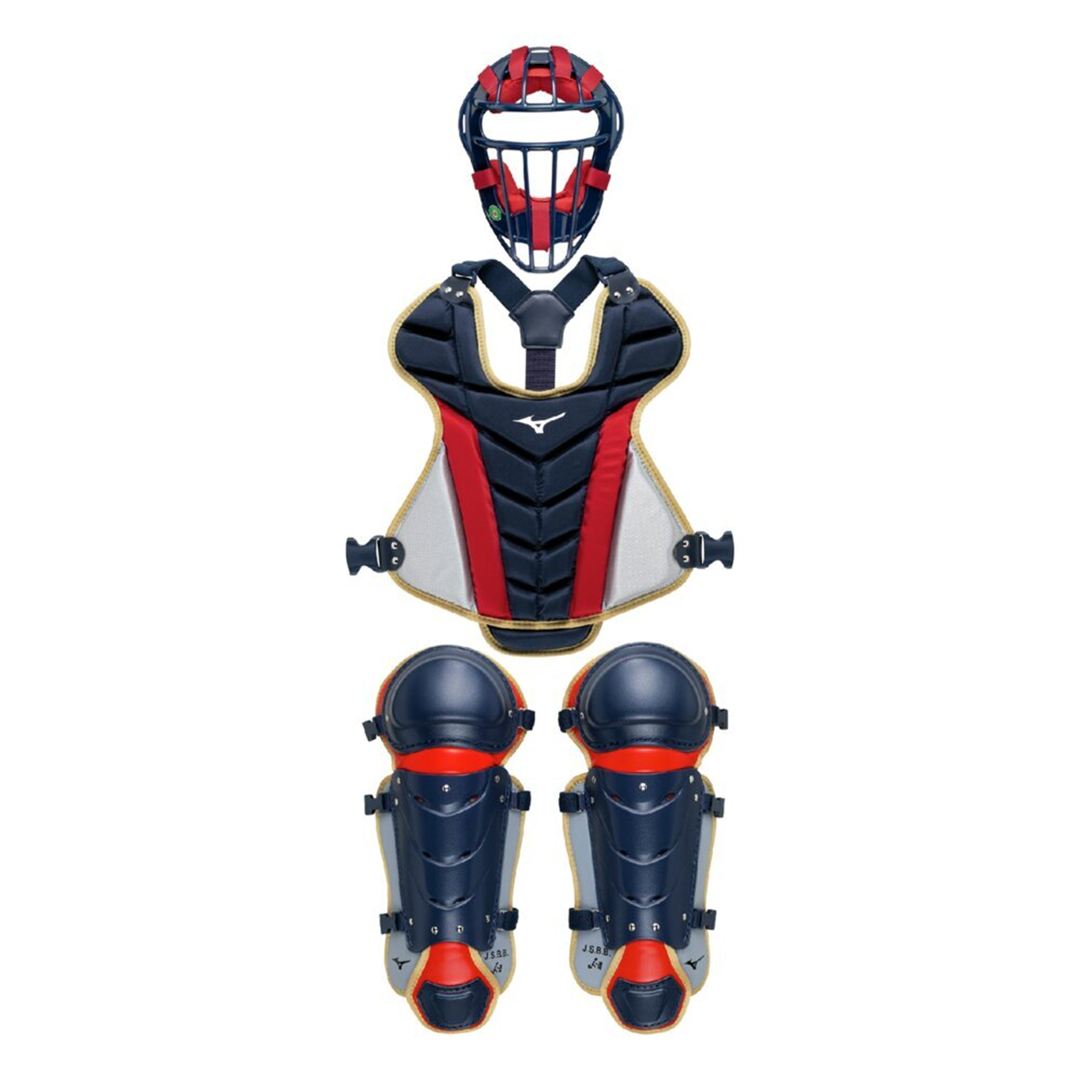 【ミズノ直営限定】小学生軟式用／ゴムソフトボール用捕手防具セット ネイビー×レッド×ゴールド