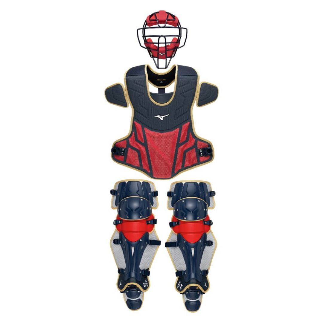 【ミズノ直営限定／ミズノプロ】軟式用／ゴムソフトボール用號SAKEBI捕手防具3点セット ネイビー×レッド×ゴールド
