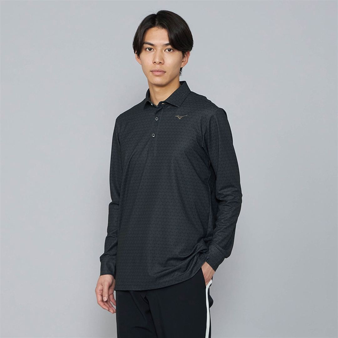 ロングスリーブプリントポロシャツ ブラック XL