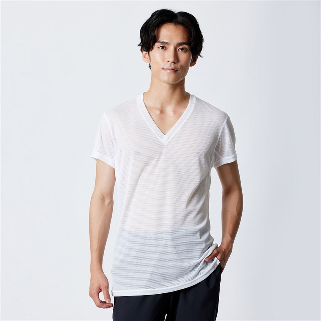 【汗処理／通気】カルエアーアンダーVネック半袖シャツ ホワイト M