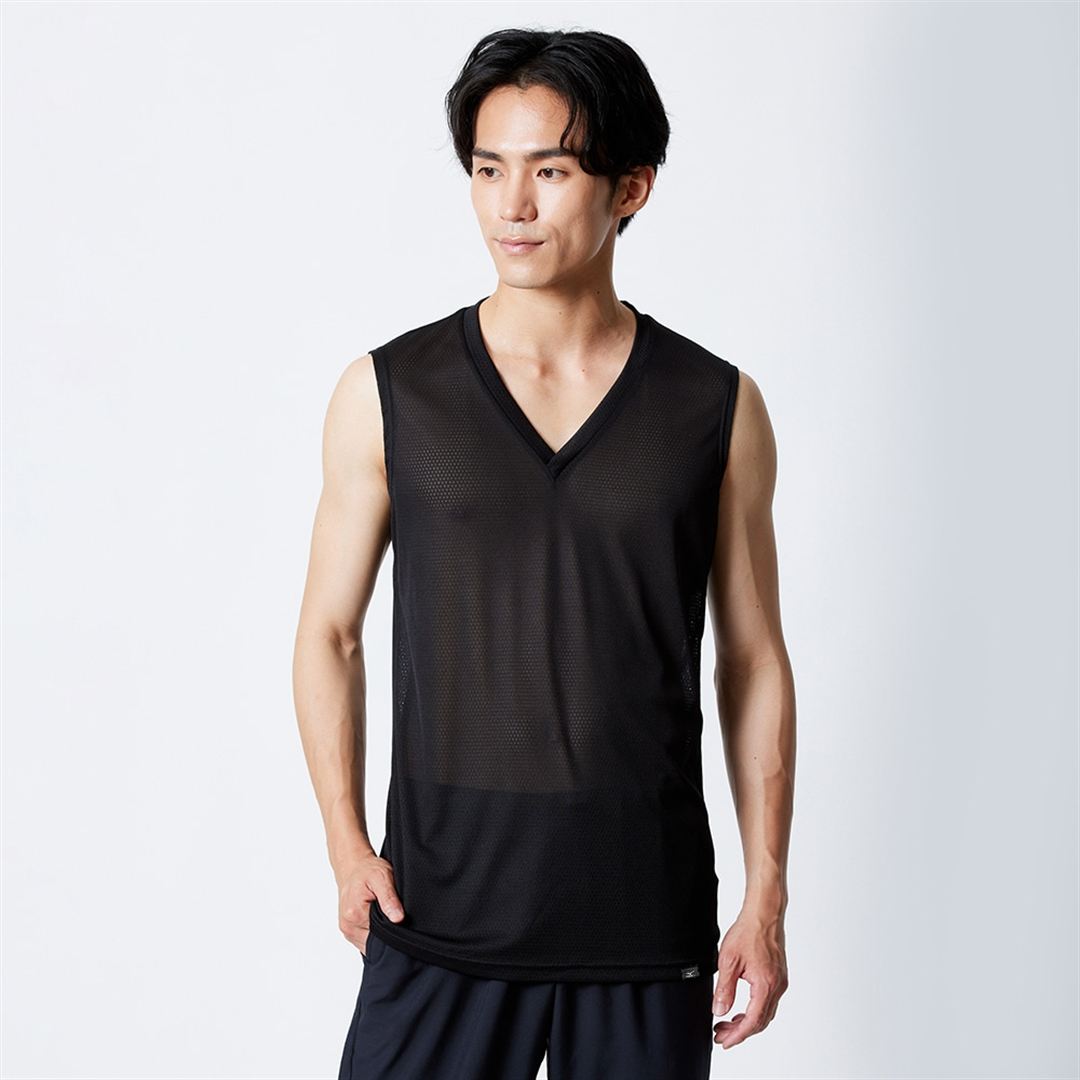 【汗処理／通気】カルエアーアンダーVネックノースリーブシャツ ブラック M