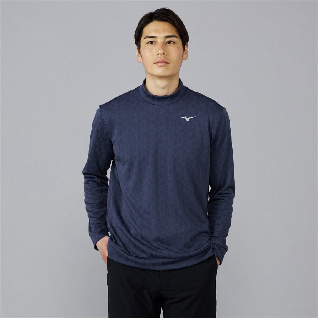 ニットジャカードモックネック長袖シャツ ディープネイビー XL