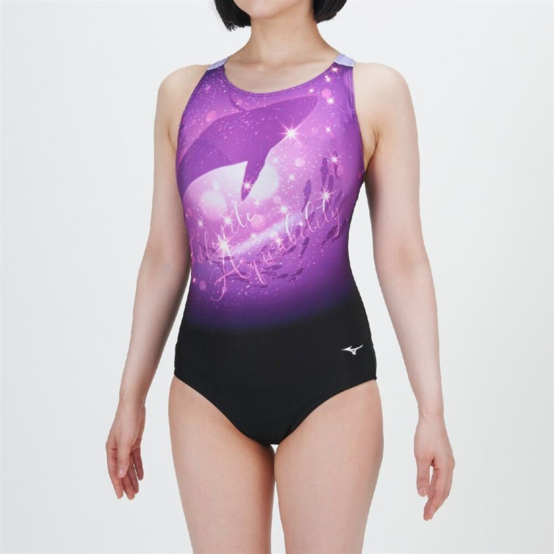 【Stroke ONE／撥水】スイムフィットネス用ワンピース ブラック×パープル XL