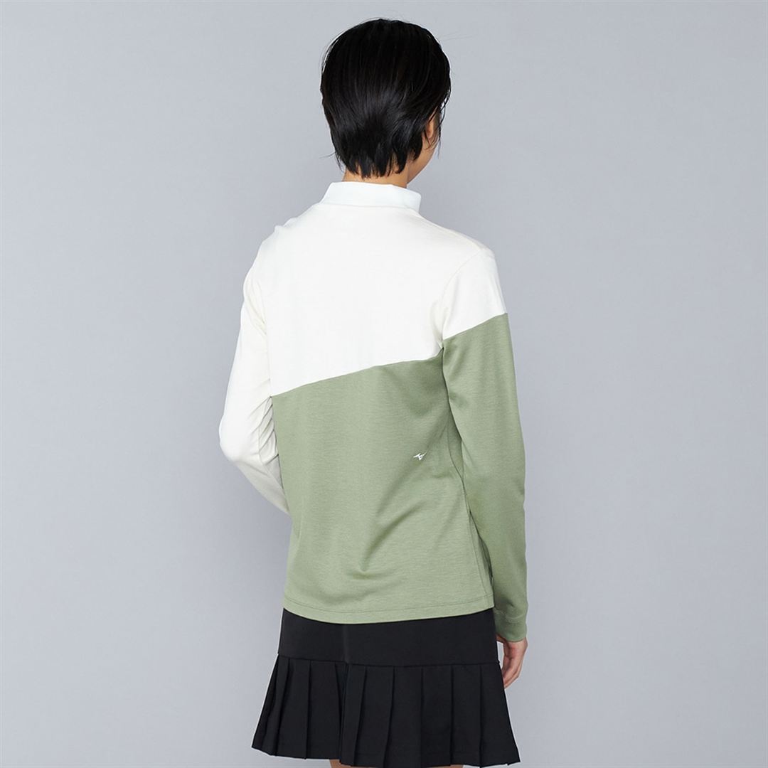 ヘザーストレッチハイネックシャツ ホワイト×ティーグリーン XL