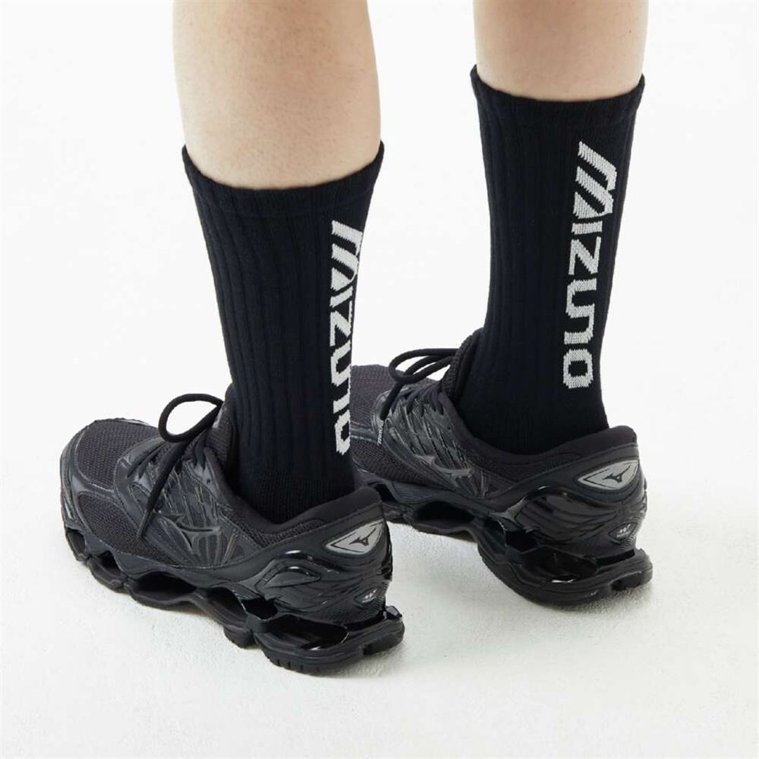 【ミズノ直営限定】ドライベクター薄手パイルレギュラーソックス ロゴ ブラック×ホワイト 28-30