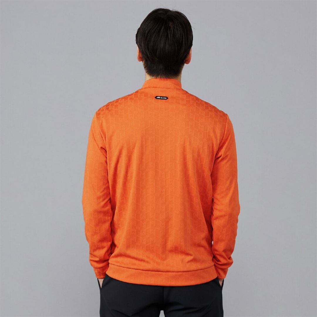 ニットジャカードモックネック長袖シャツ オレンジ XL
