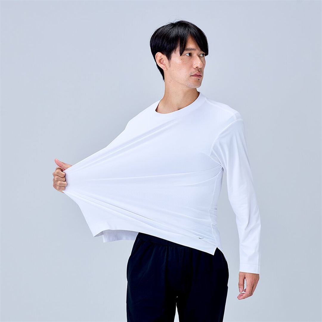 ハイストレッチ クルーネック長袖シャツ（ワイドシルエット） ホワイト XL