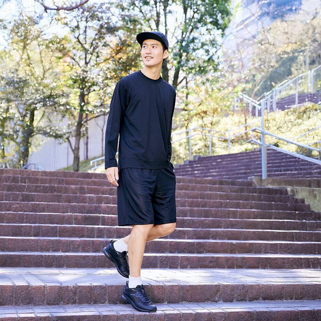 ハイストレッチ クルーネック長袖シャツ（ワイドシルエット） ブラック XL