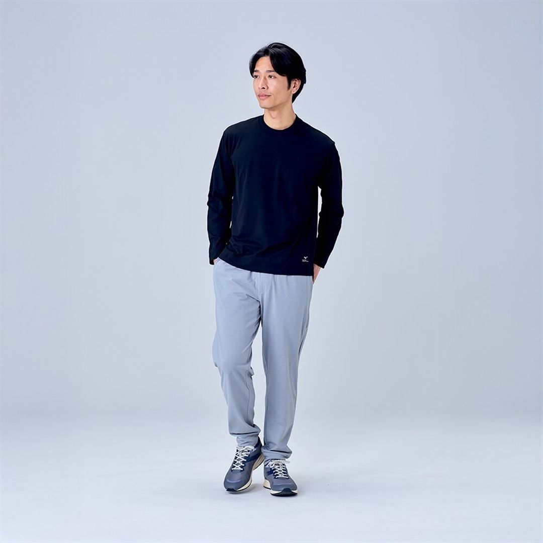 ハイストレッチ クルーネック長袖シャツ（ワイドシルエット） ブラック XL