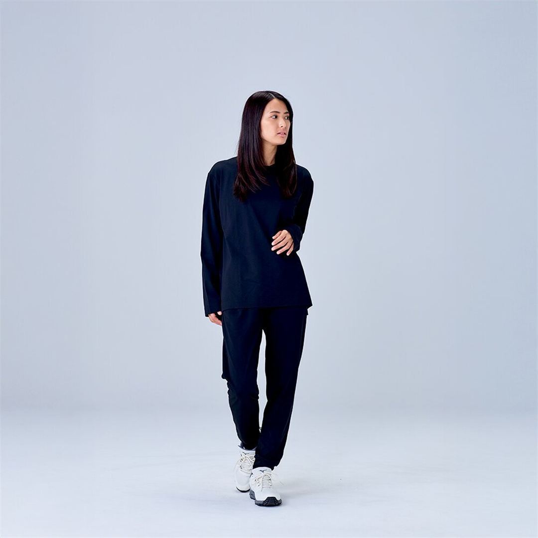 ハイストレッチ クルーネック長袖シャツ（ワイドシルエット） ブラック XL