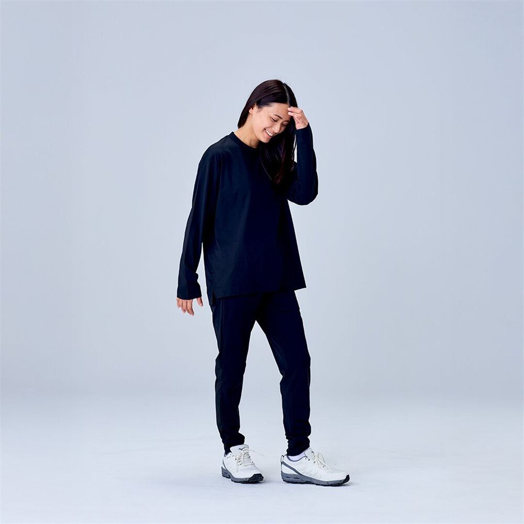 ハイストレッチ クルーネック長袖シャツ（ワイドシルエット） ブラック XL