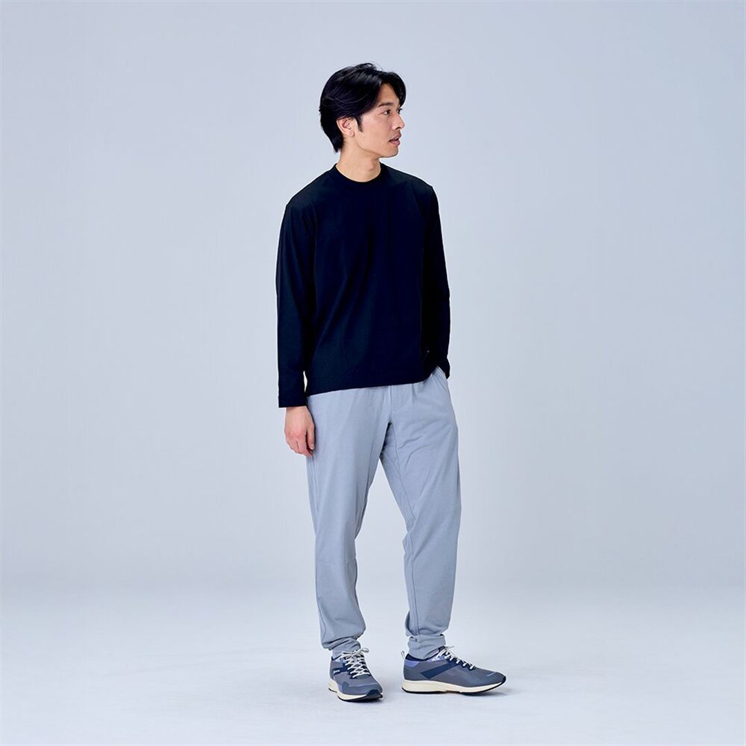 ハイストレッチ クルーネック長袖シャツ（ワイドシルエット） ブラック XL