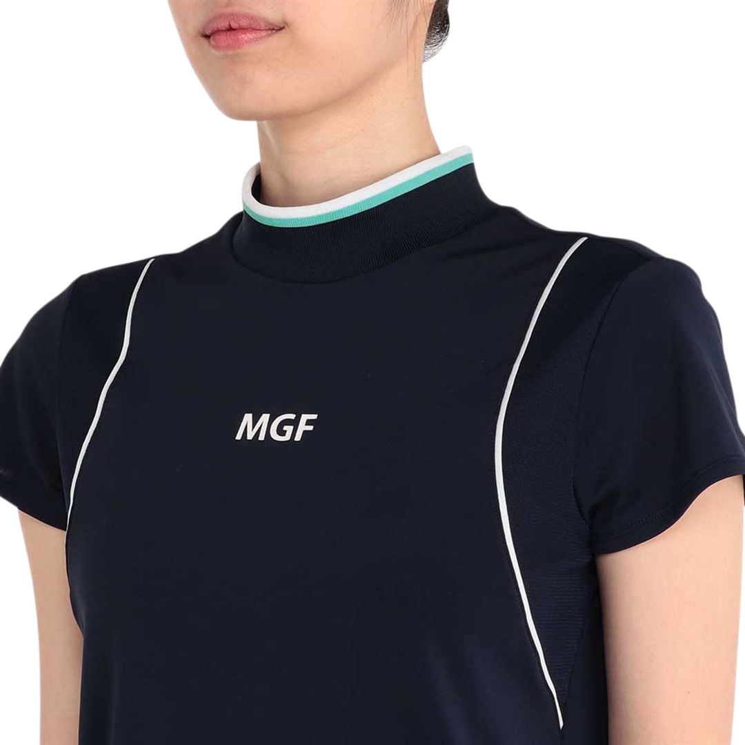 【MGFコレクション】フレンチスリーブリブハイネックシャツ ネイビー S