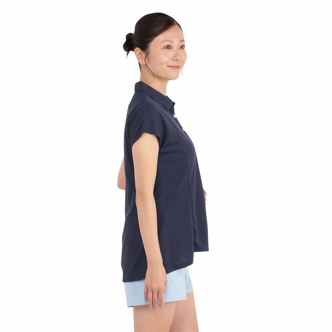 【遮熱素材／接触冷感】ソーラーカットアイスタッチフリルテイル半袖シャツ ネイビー M