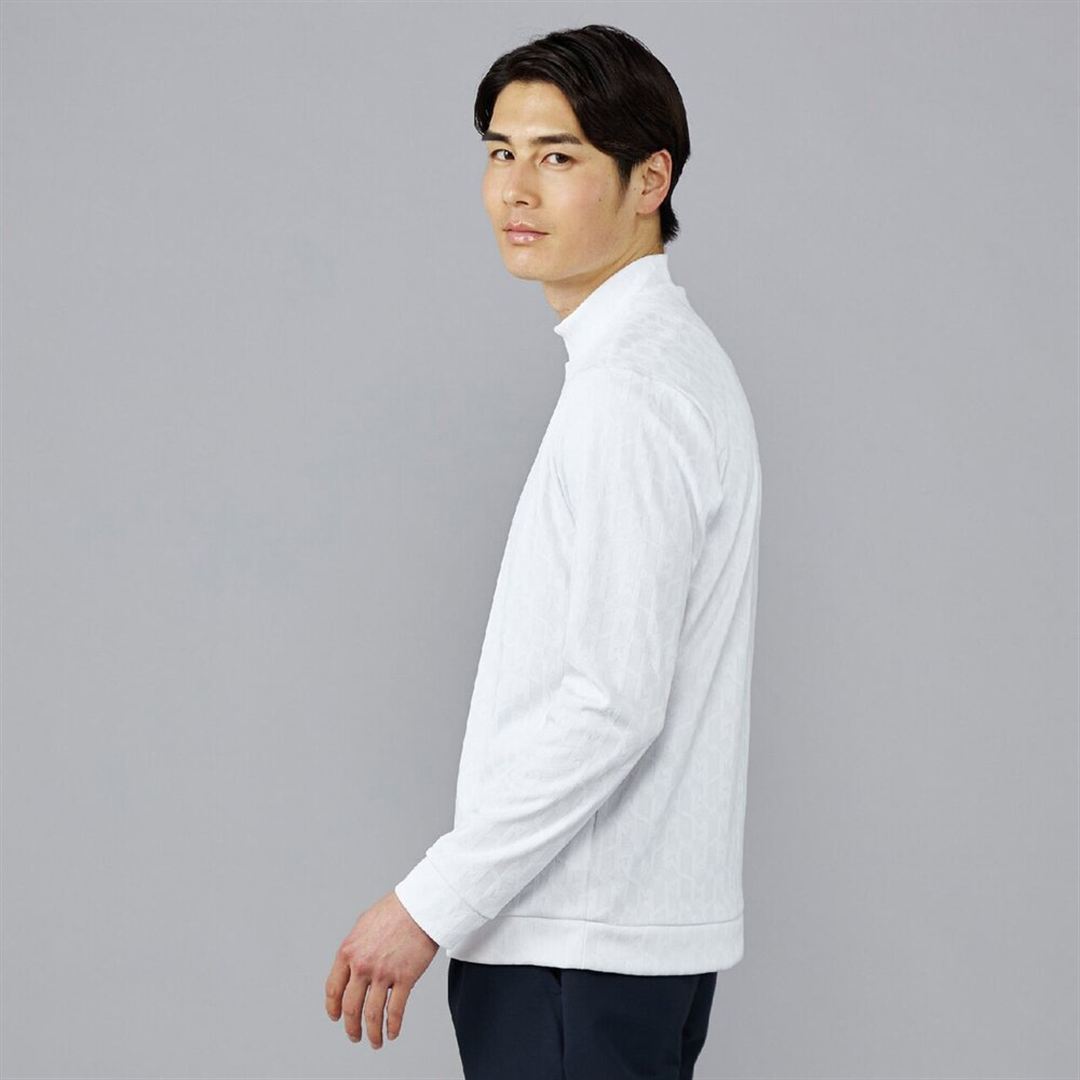ニットジャカードモックネック長袖シャツ ホワイト XL