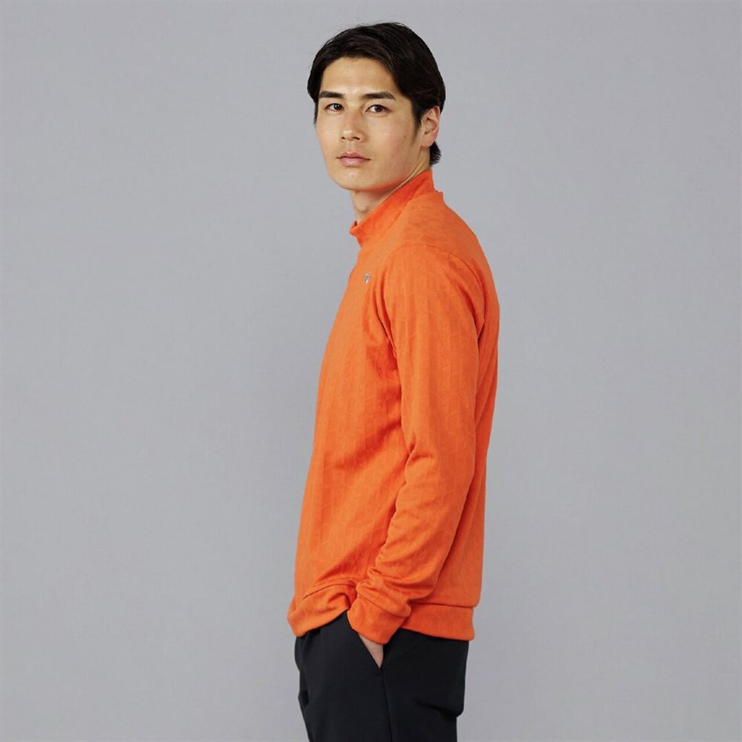 ニットジャカードモックネック長袖シャツ オレンジ XL