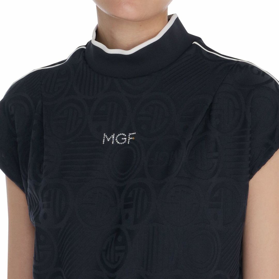 【MGFコレクション】ロゴジャカードフレンチスリーブハイネックシャツ ネイビー S