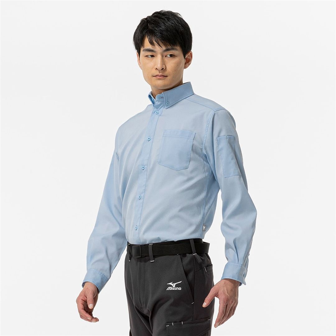 ワークシャツ ストレッチ(ネーム刺繍対応／制電／長袖) サックス XS