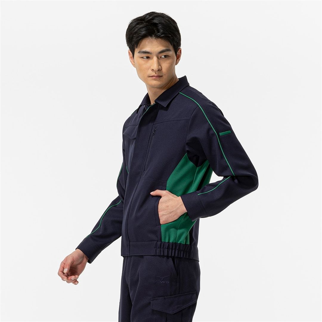 ワークジャケット ストレッチ(ネーム刺繍対応／制電) ネイビー×グリーン XS
