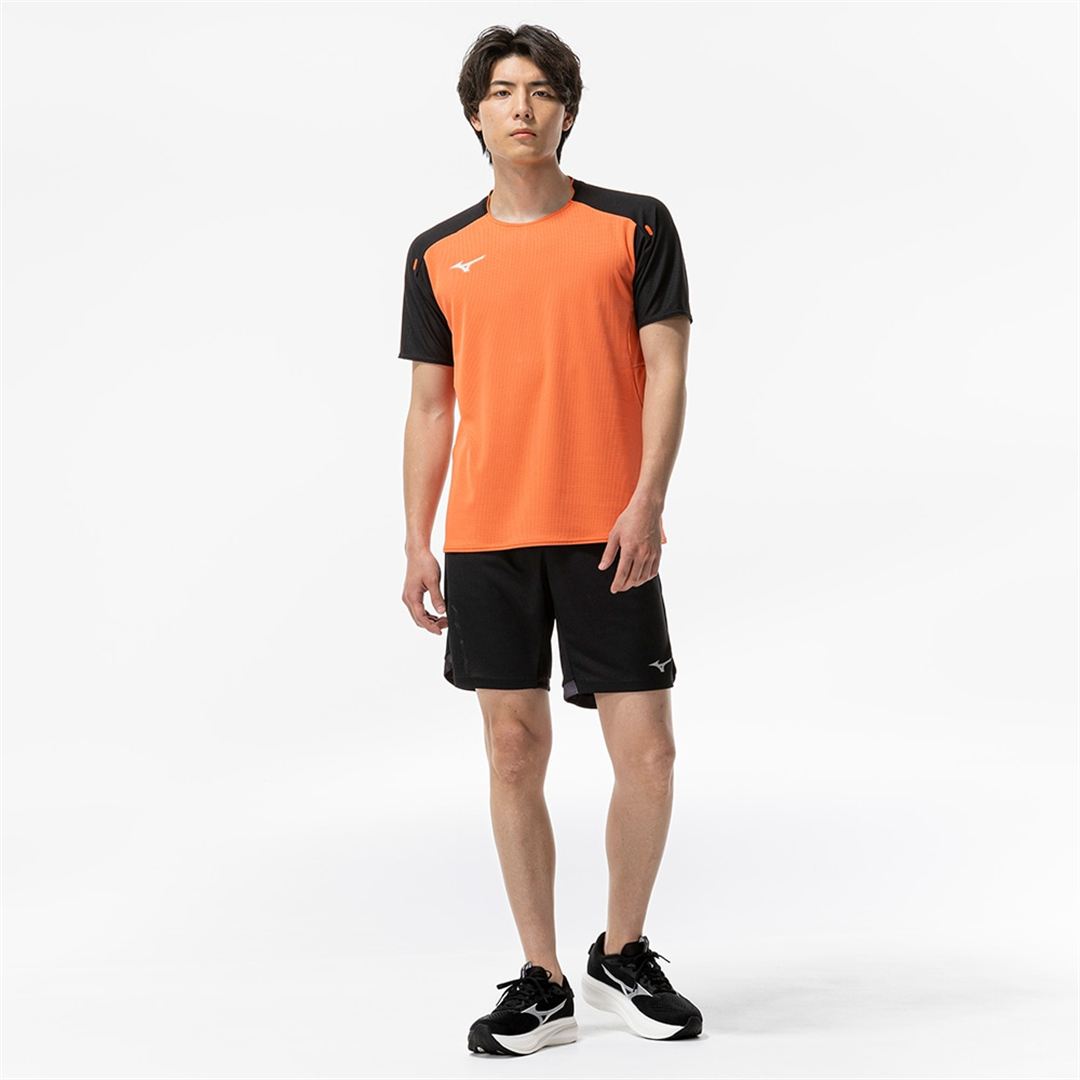【汗処理／通気】ドライエアロフローTシャツ サンストーンオレンジ×ブラック XS