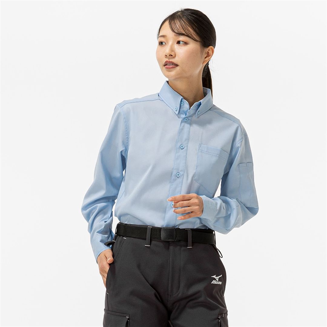 ワークシャツ ストレッチ(ネーム刺繍対応／制電／長袖) サックス XS