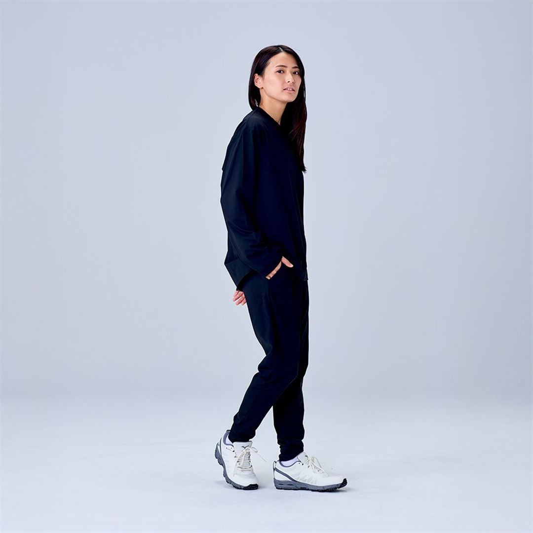 ハイストレッチ クルーネック長袖シャツ（ワイドシルエット） ブラック XL