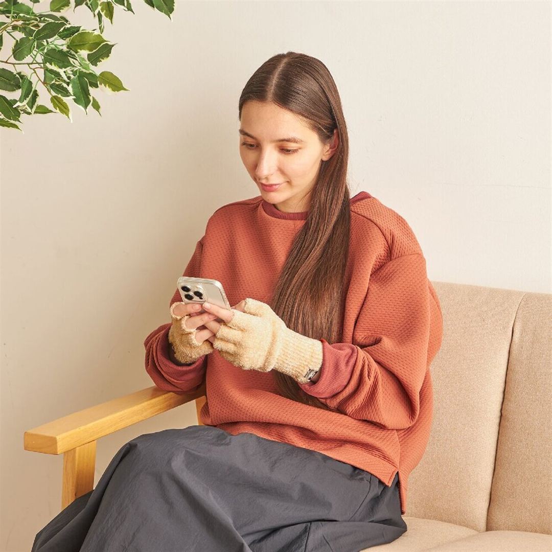 【吸湿発熱】ブレスサーモゆるぬくやわらかニット手袋指抜き ライトベージュ