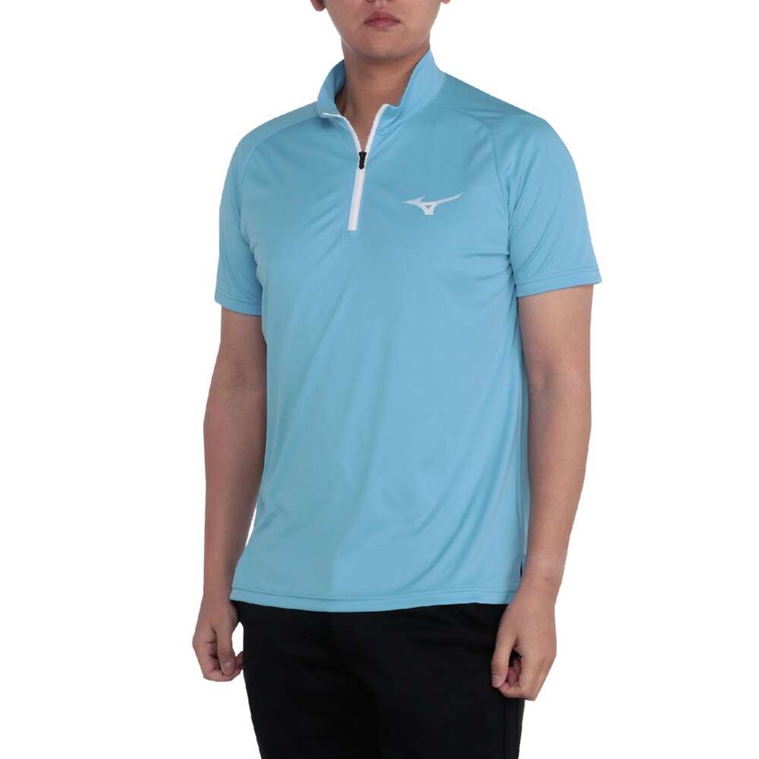 レイヤードセット(半袖ハーフジップシャツ／長袖モックネックシャツ) ライトブルー×ホワイト XL