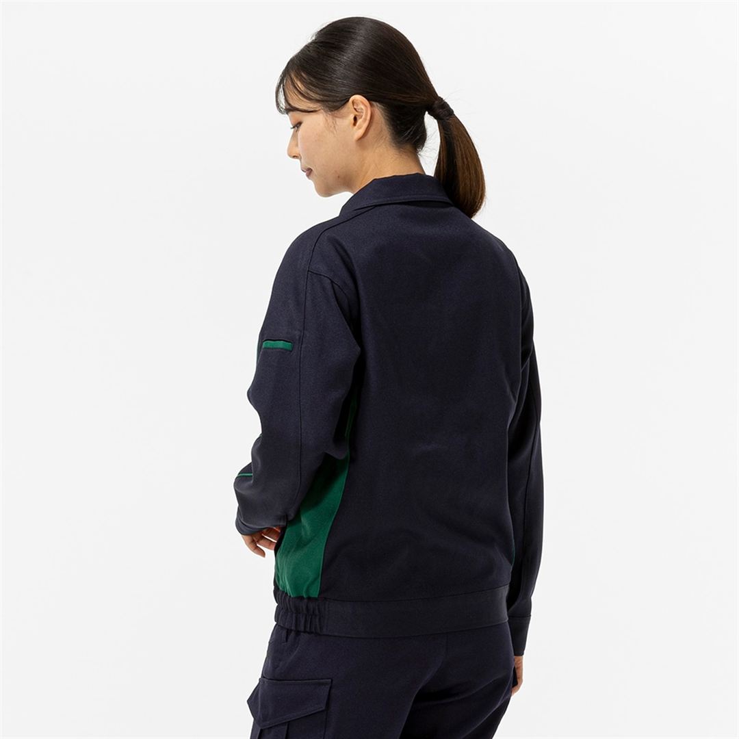 ワークジャケット ストレッチ(ネーム刺繍対応／制電) ネイビー×グリーン XS