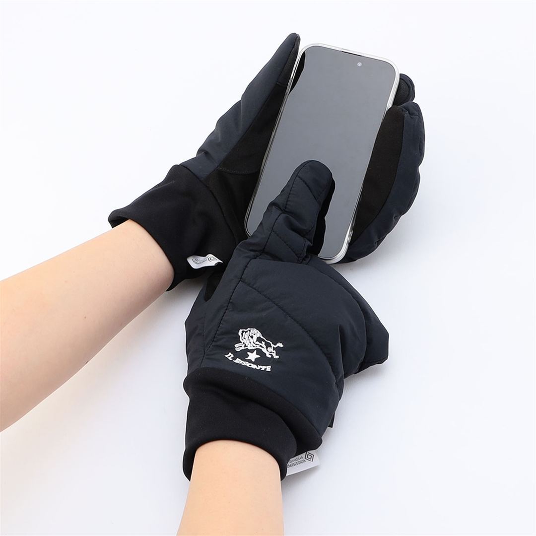 【IL BISONTE／吸湿発熱】WINDSTOPPER プロダクト フィンガーパデットミトン ブラック S-M