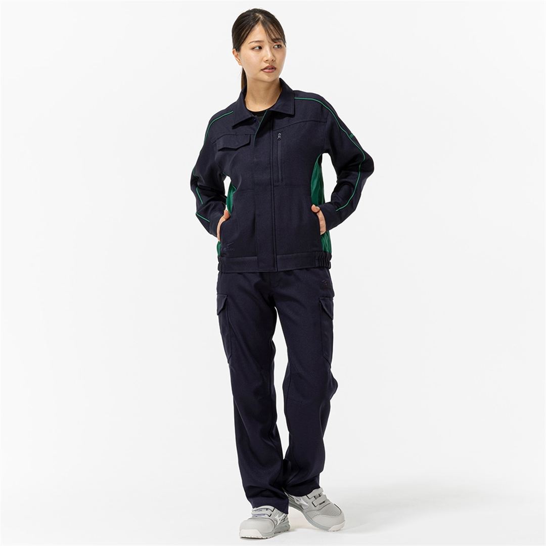 ワークジャケット ストレッチ(ネーム刺繍対応／制電) ネイビー×グリーン XS