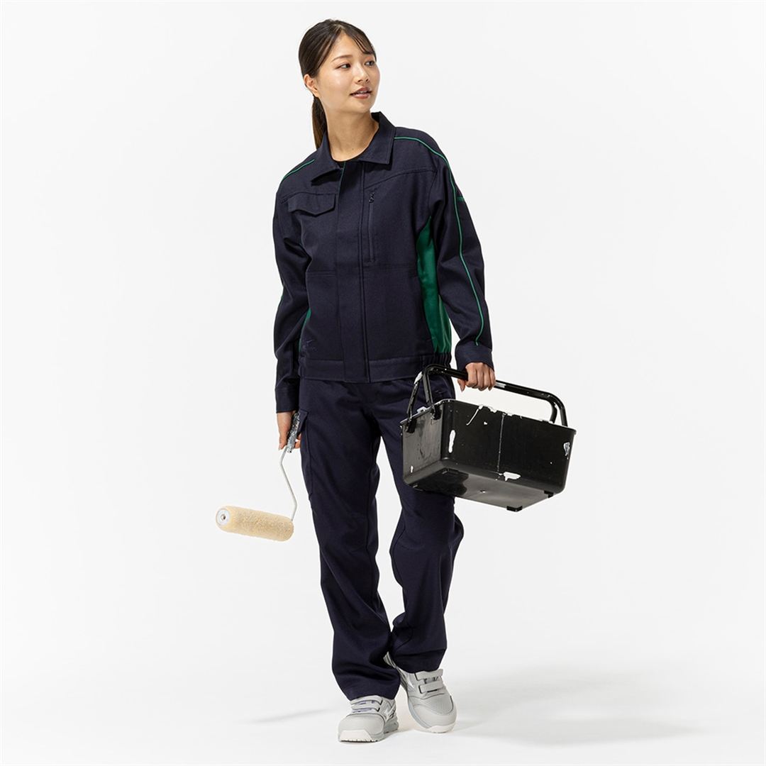 ワークジャケット ストレッチ(ネーム刺繍対応／制電) ネイビー×グリーン XS