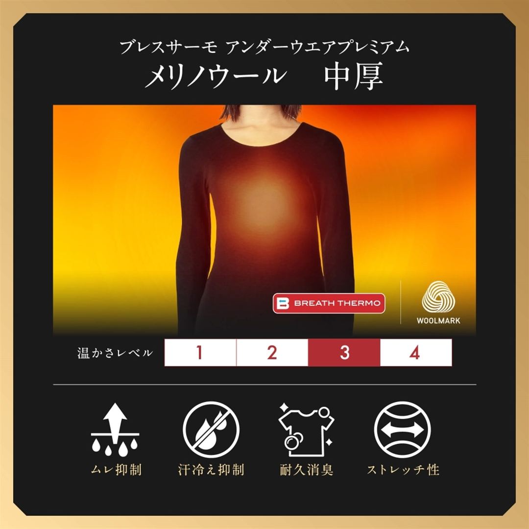 【吸湿発熱】ブレスサーモアンダーウエアプレミアム メリノウール 中厚 クルーネック長袖シャツ ブラック M