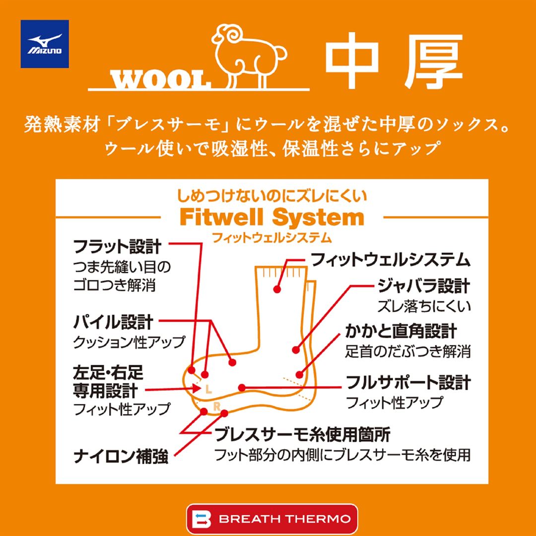 【吸湿発熱】ブレスサーモウール中厚ソックス イエロー 22-24