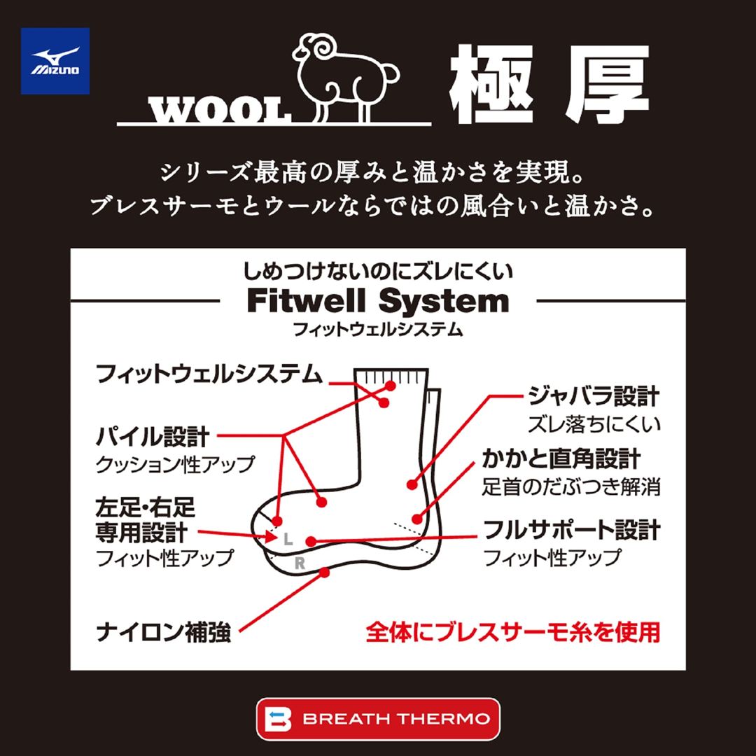 【吸湿発熱】ブレスサーモウール極厚ソックス チャコールグレー 22-24