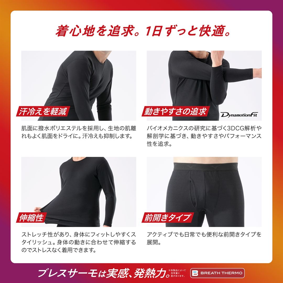 【吸湿発熱】ブレスサーモアンダーウエア 中厚 for Active クルーネック長袖シャツ ブラック S