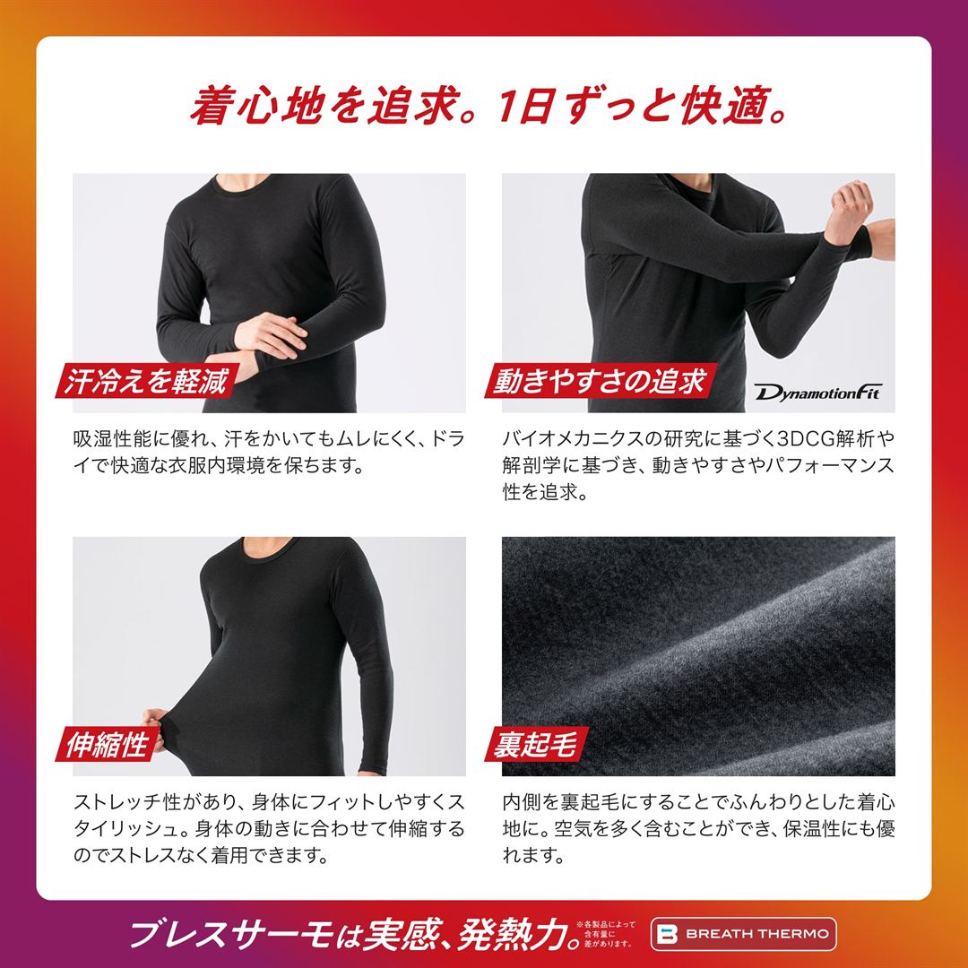 【吸湿発熱】ブレスサーモアンダーウエア 厚手 for Active クルーネック長袖シャツ ブラック S