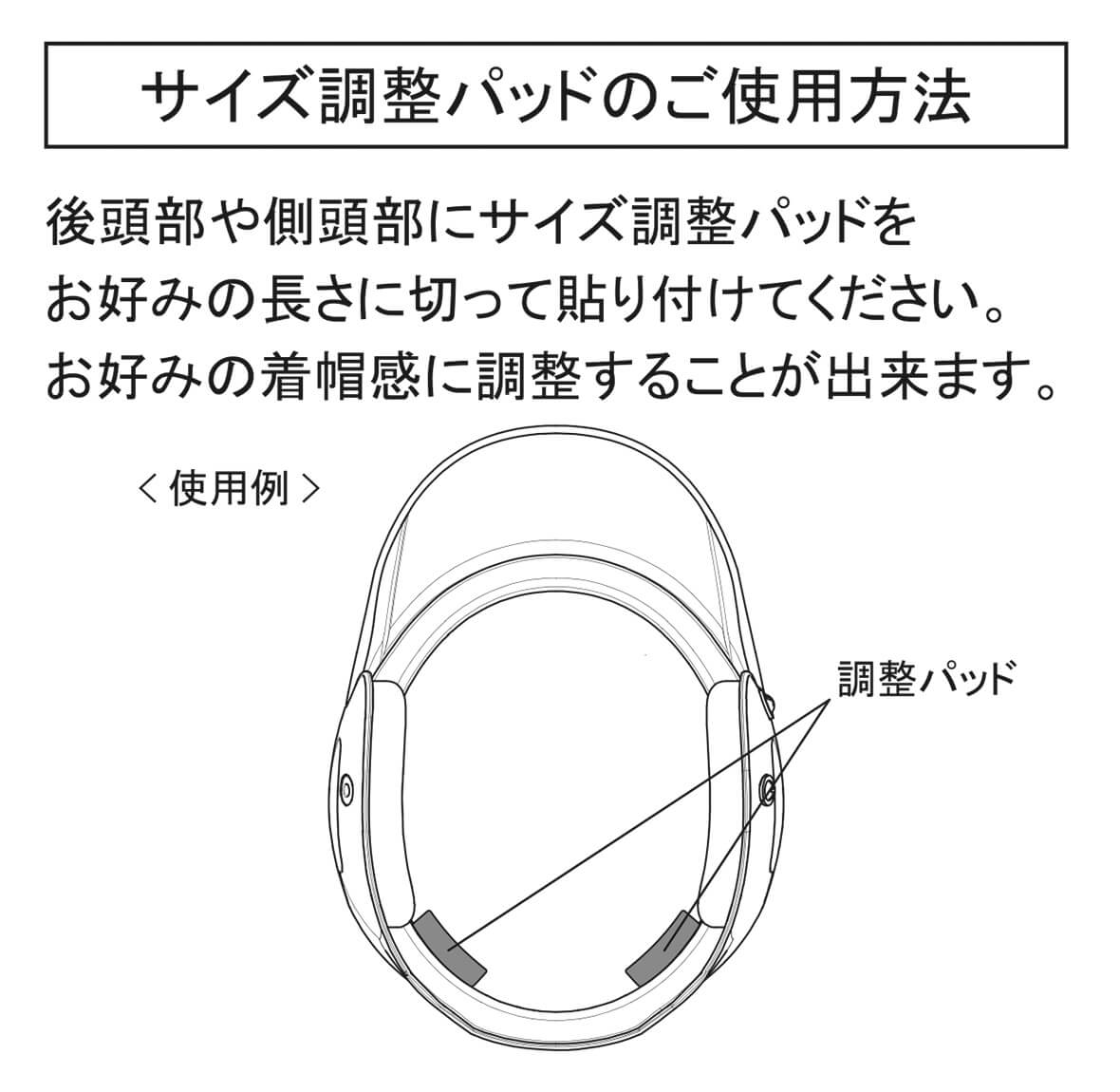 サイズ調整パッドのご使用方法 後頭部や側頭部にサイズ調整パッドをお好みの長さに切って貼り付けてください。お好みの着帽感に調整することが出来ます。