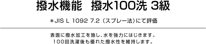【撥水機能】撥水100洗3級　※JIS L 1092 7.2（スプレー法）にて評価