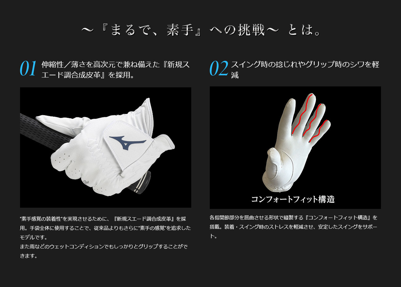 伸縮性／薄さを高次元で兼ね備えた『新規スエード調合成皮革』を採用。スイング時の捻じれやグリップ時のシワを軽減。