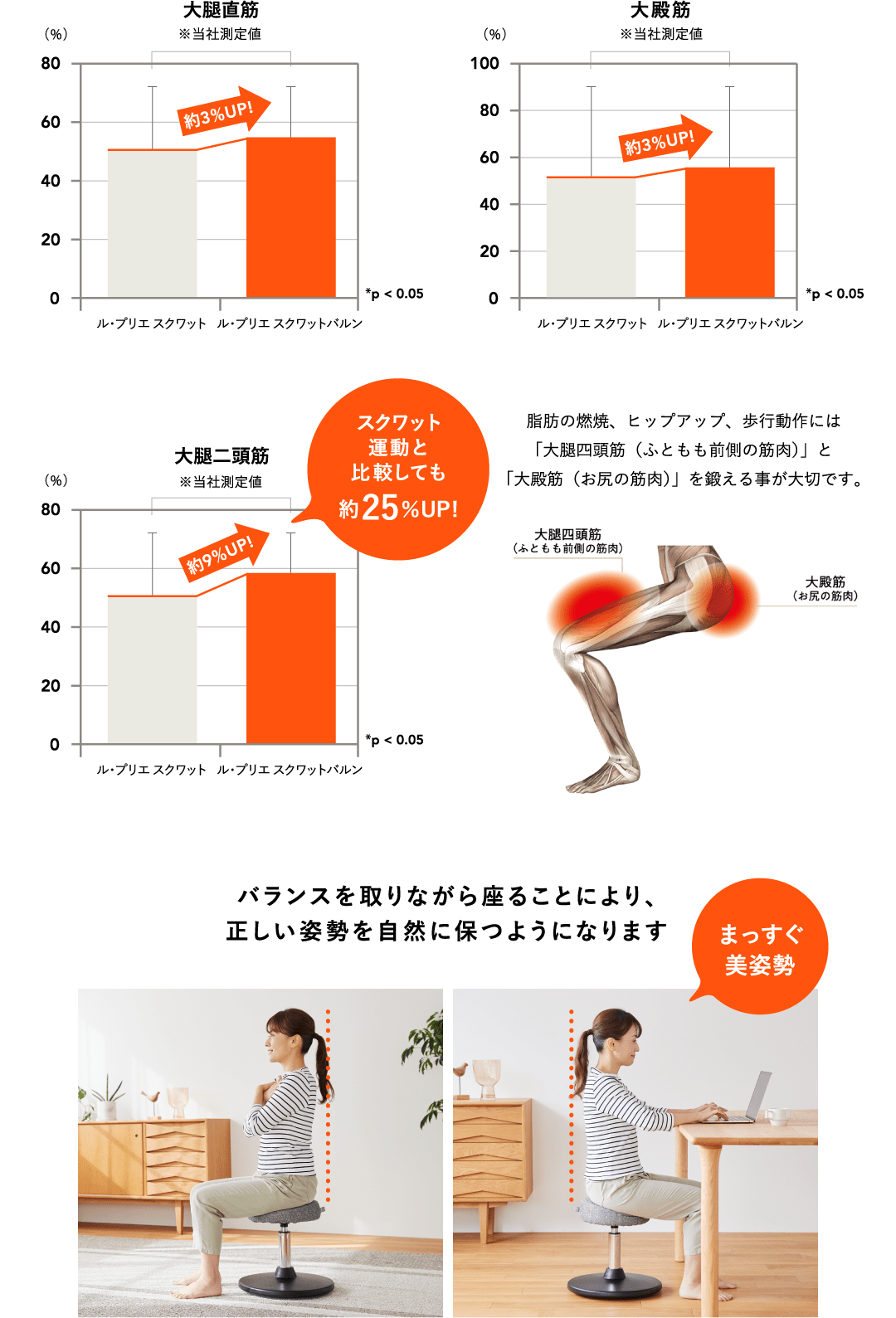 大腿直筋 大殿筋 大腿二頭筋 スクワット運動と比較しても約25％UP! 脂肪の燃焼、ヒップアップ、歩行動作には「大腿四頭筋（ふともも前側の筋肉）」と「大殿筋（お尻の筋肉）」を鍛える事が大切です。バランスを取りながら座ることにより、正しい姿勢を自然に保つようになります