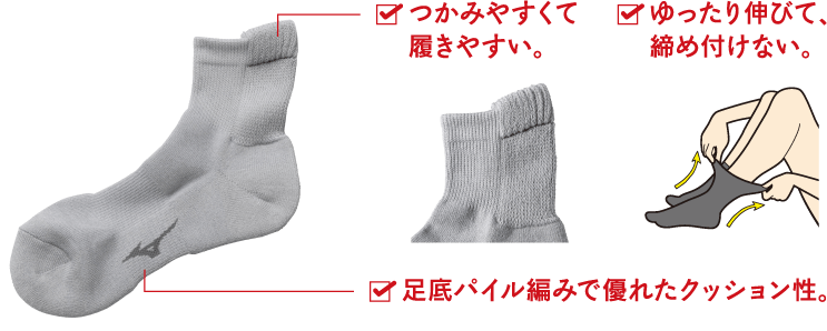 つかみやすくて履きやすい。ゆったり伸びて、締め付けない。足底パイル編みで優れたクッション性。