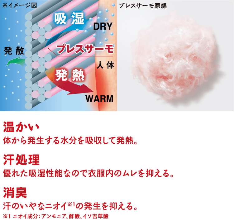 温かい 体から発生する水分を吸収して発熱。汗処理 優れた吸湿性能なので衣服内のムレを抑える。 消臭 汗のいやなニオイ※1の発生を抑える。※1 ニオイ成分：アンモニア、酢酸、イソ吉草酸