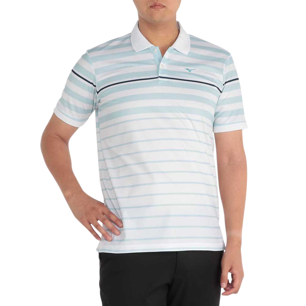 【ミズノ公式】鹿の子マルチボーダープリントシャツ[メンズ] ゴルフ ウエア 72 ホワイト×ブルーグロー M ゴルフ ウエア トップス 半袖シャツ