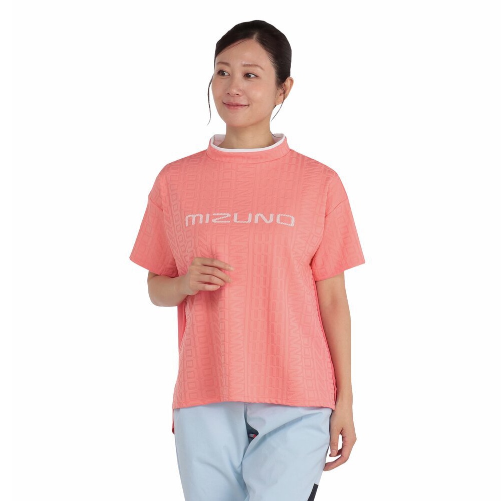 サイドメッシュモックネックシャツ　M ミント　今季新作 UVミズノロゴジャカードモックネック半袖シャツ|E2MAC209|トップス