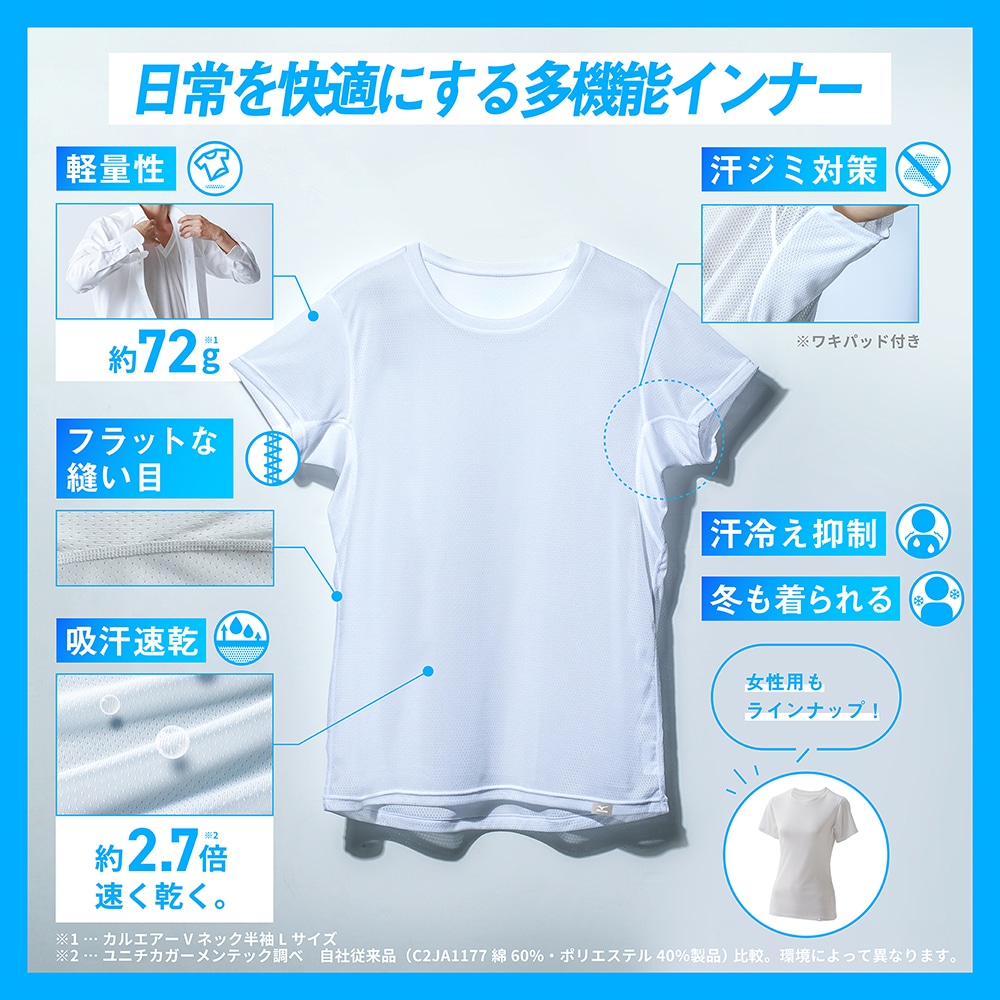 汗処理／通気】カルエアーアンダークルーネック半袖シャツ