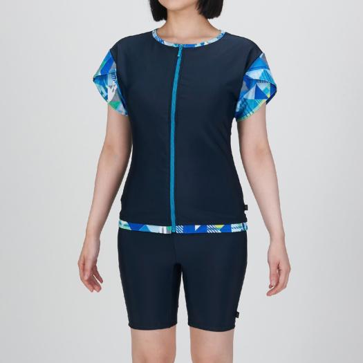 MIZUNO SHOP [ミズノ公式オンラインショップ] 【ドレスアップスイム】アクアフィットネス用セパレーツ(めくれにくいボタン付) ウィメンズ 82 ネイビー×ターコイ