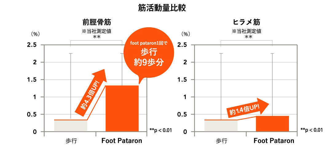 前脛骨筋の筋活動量比例 ヒラメ筋 歩行 Foot Pataron foot pataron1回で歩行約9歩分 約1.3倍UP!